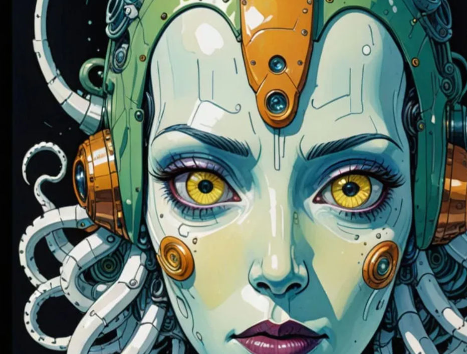 beautiful robot face female VincktoriaTheGoth Octosquid9000 Addams gouache, watercolor, retro comic book style, erin hanson, moebius, ghibli...