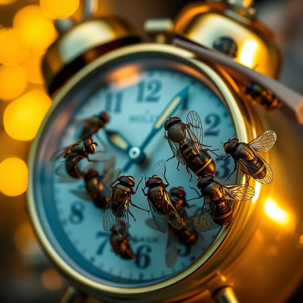 Bee On Time. Bees on a honey clock. colorful, bright, cheerful, volumetric lighting, chiaroscuro, watercolor, gouache, comic book style, moe...