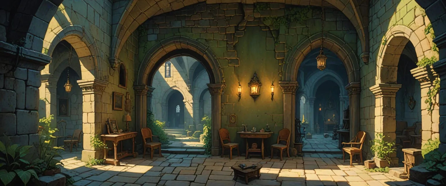 abandoned passageway, dungeon, erin hanson, daniel merriam, dungeon, mysterious, travertine walls, arches, couches, tables, chairs, doorways...