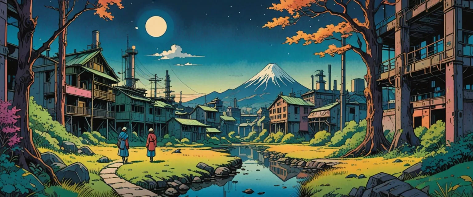 utopia, wide open sky looking up quaint futuristic science fiction colony, light columns, stone walls, meandering water channels, fruit tree...