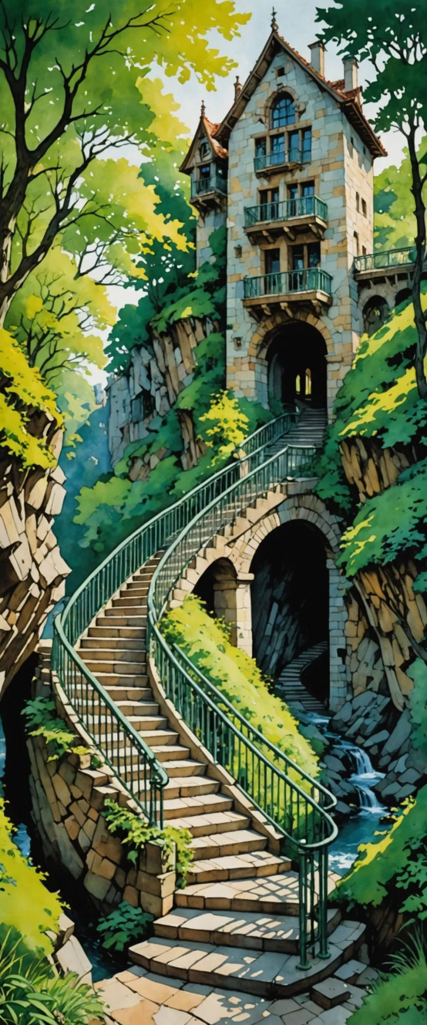 dungeon, mysterious passageway, tunnels, color lighting, stone, polished, vines, tropical plants, flowers, goblins, treasure chest, swords, ...