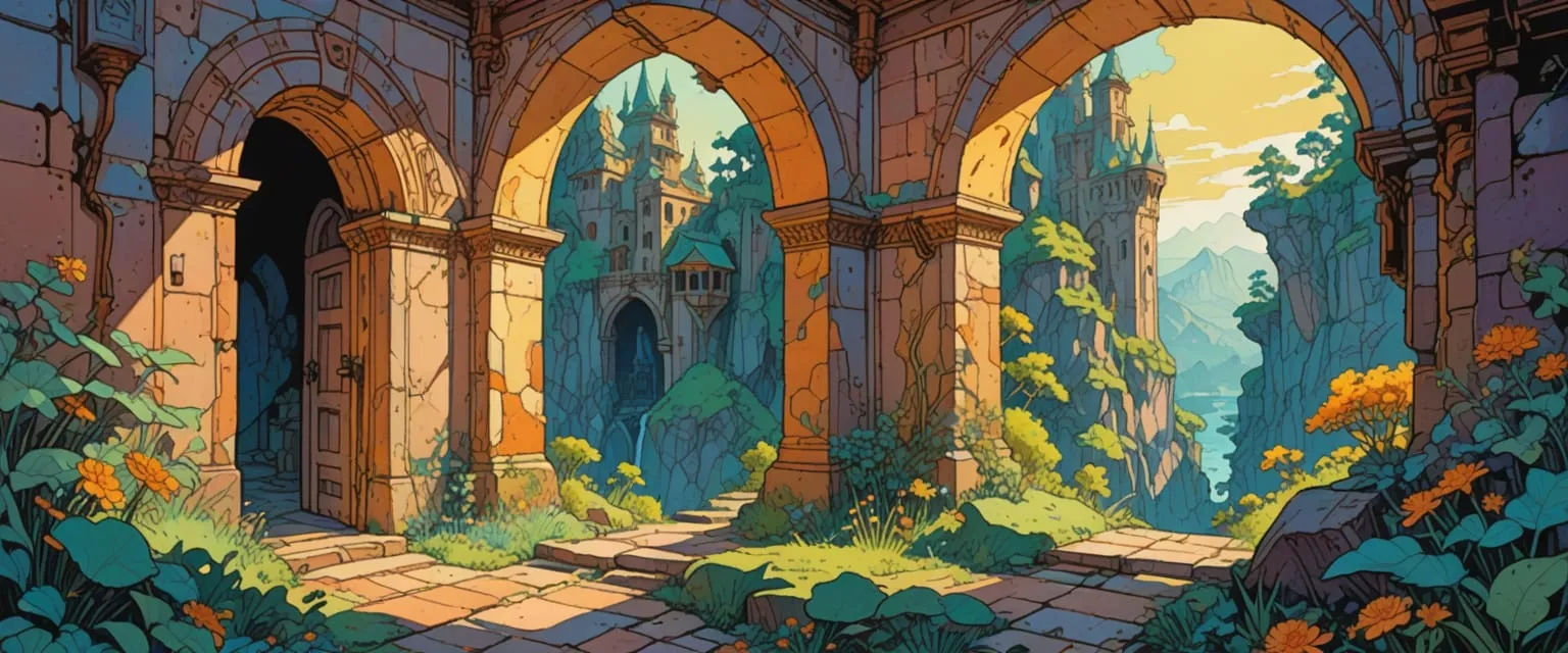 abandoned passageway, dungeon, monastery, mysterious, stone walls, arches, doorways, comic book, watercolor, gouache, daniel merriam, erin h...