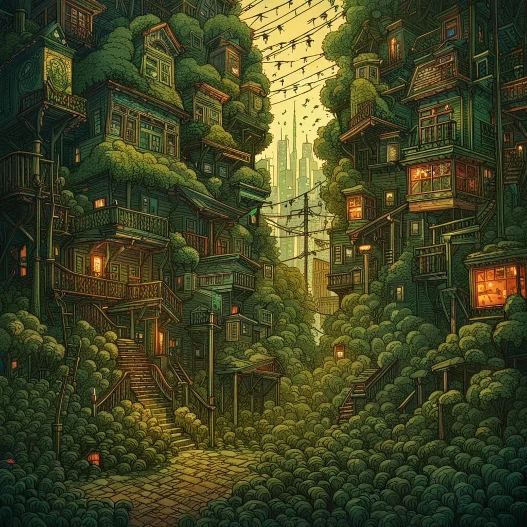 quaint village, overgrown with plants, sunset, bright clear sky, comic book, watercolor, gouache, tempura, jacek yerka, moebius, erin hanson...