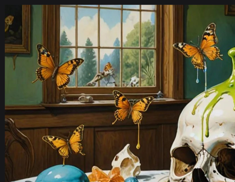 inside a house view thru a window, the mysterious shadowy figure of a person lurks outside leering in the window, butterflies, bugs, mushroo...