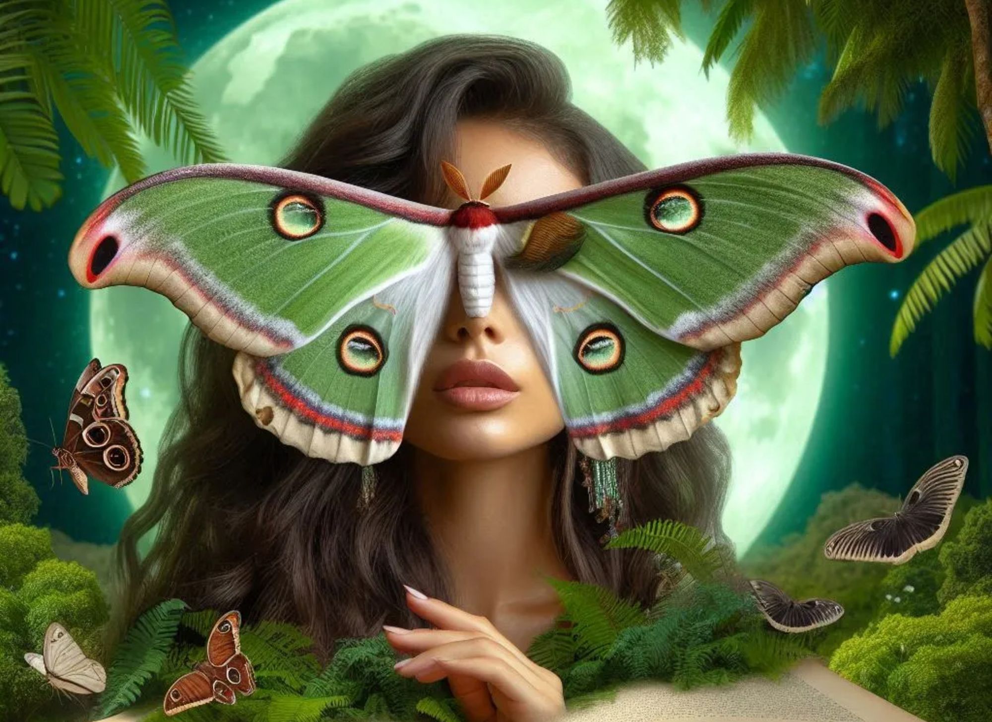 woman, her face covered by a large luna moth, white, mossy green, indigo blue, sunshine yellow-orange, magenta-red, bright, daylight, comic ...