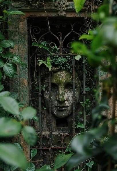 Moss Covered Classical Marble Garden Sculpture Of A Woman, Covered In Moss, Iron Trellis, Flowers, Wisteria, by Henri Rousseau, Thomas Kinka...