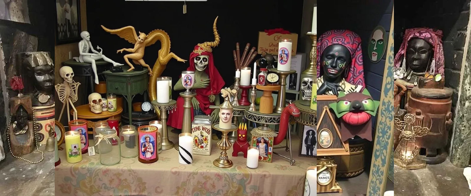 old new orleans voodoo, french quarter, candles, color string lights, alter, sage, flowers, bright, sunny