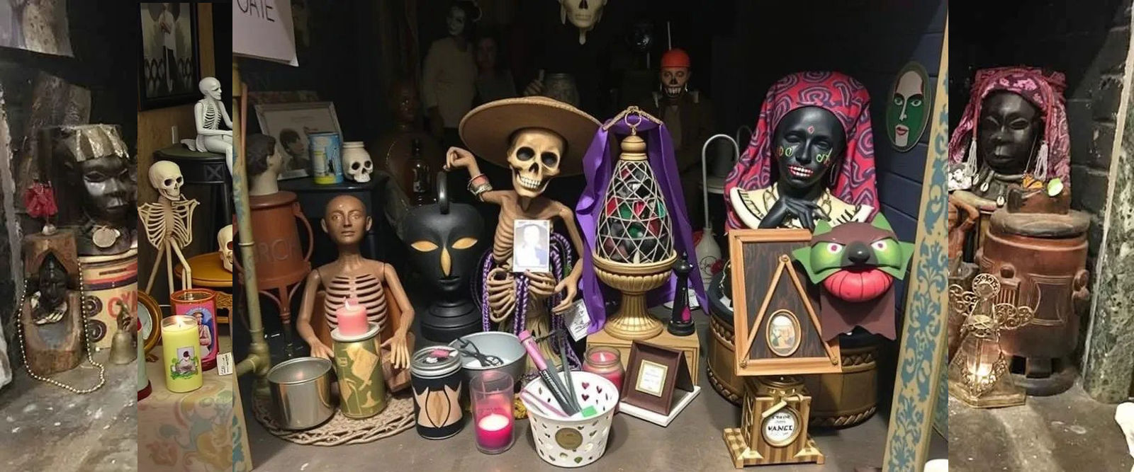 new orleans voodoo, new orleans voodoo shop window, french quarter, candles, color string lights, alter, money, tarot, bright, sunny