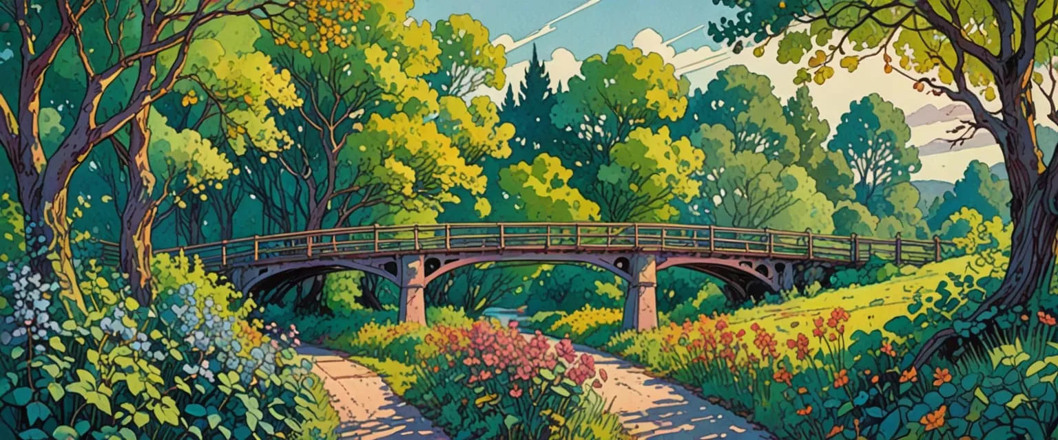 light, bright huge sky, wide open spaces, stone bridge, vines, trees, flowers, watercolor, gouache, comic book style, moebius, erin hanson, ...