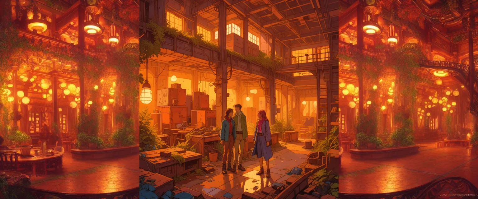 quaint naive scene, man and woman exploring abandoned factory district, industrial wasteland, dumpster, slums, graffiti, debris, benches, da...