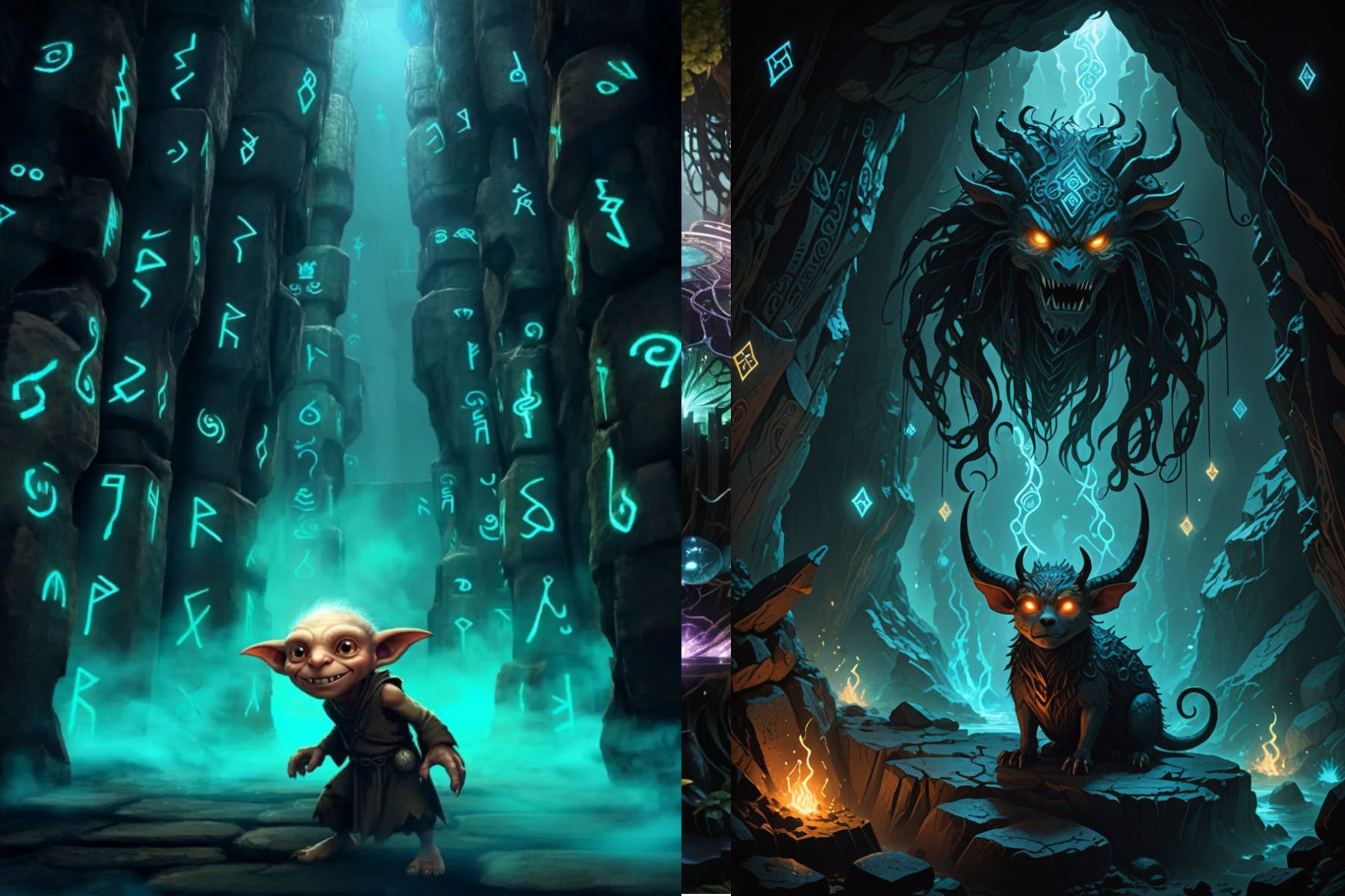 strange creature in a vast mysterious temple, the walls covered in glowing runes and magic sigils, red. gold. green. doorways. arches. 