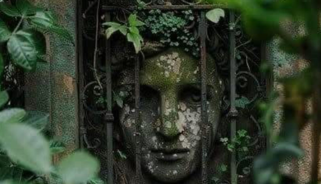 Classical Marble Garden Sculpture Of A Woman, Covered In Moss, Vines, Iron Trellis, by Henri Rousseau, Thomas Kinkade, Norman Rockwell, Arth...