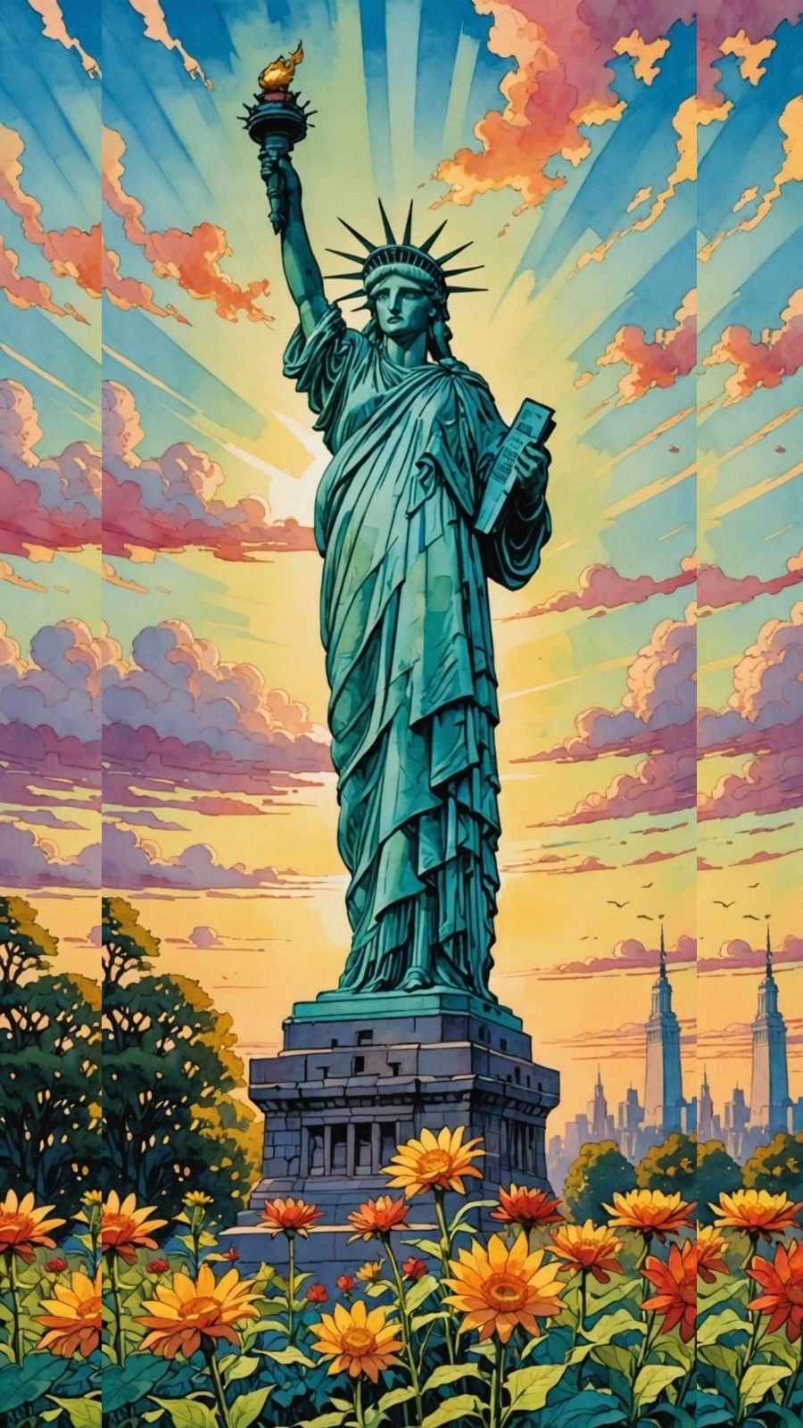 The Statue Of Liberty, light, bright, cheerful, clear early morning sunlight, beautiful sky, plants, flowers, watercolor, gouache, comic boo...
