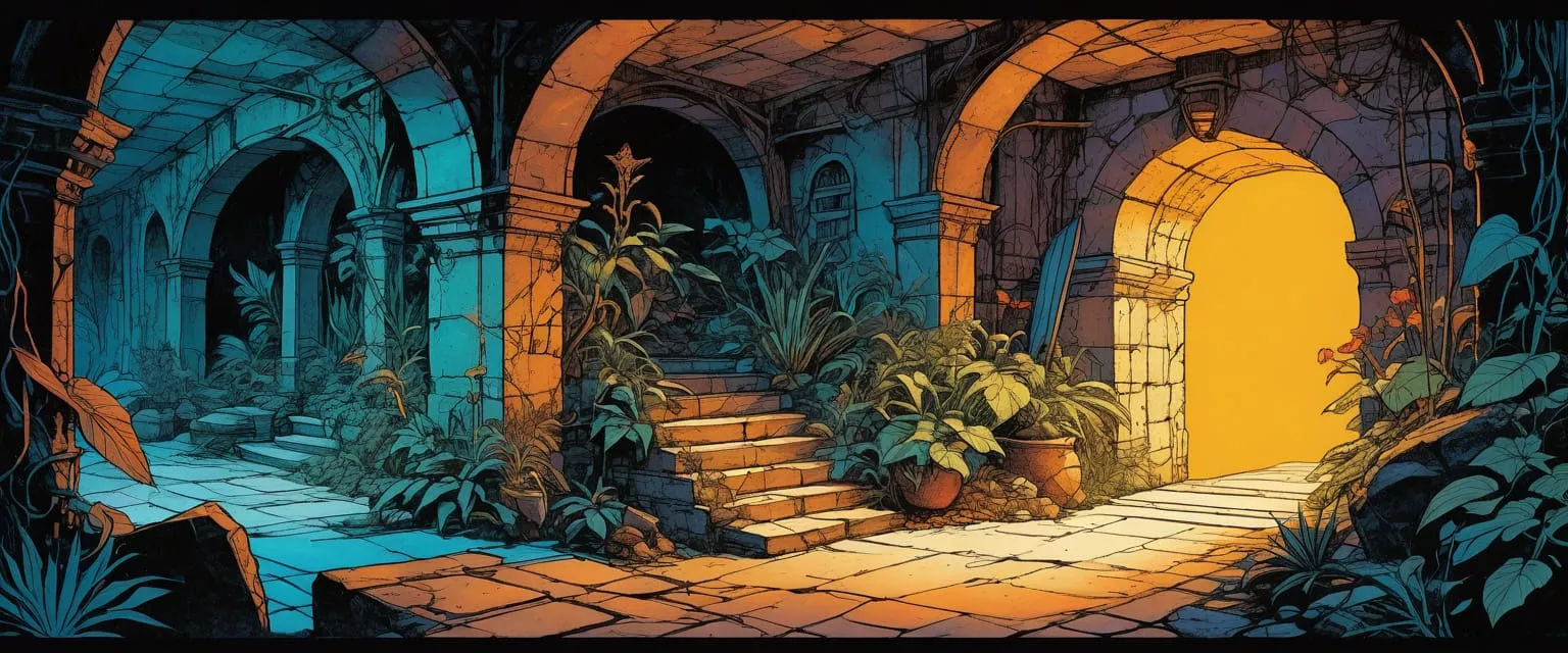 dungeon, mysterious passageway, tunnels, color lighting, stone, polished, vines, tropical plants, flowers, goblins, treasure chest, swords, ...