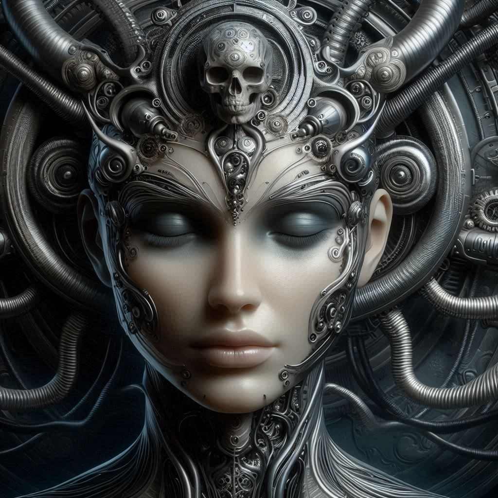 Sydney Sweeney calm face, HR Giger style, alien environment