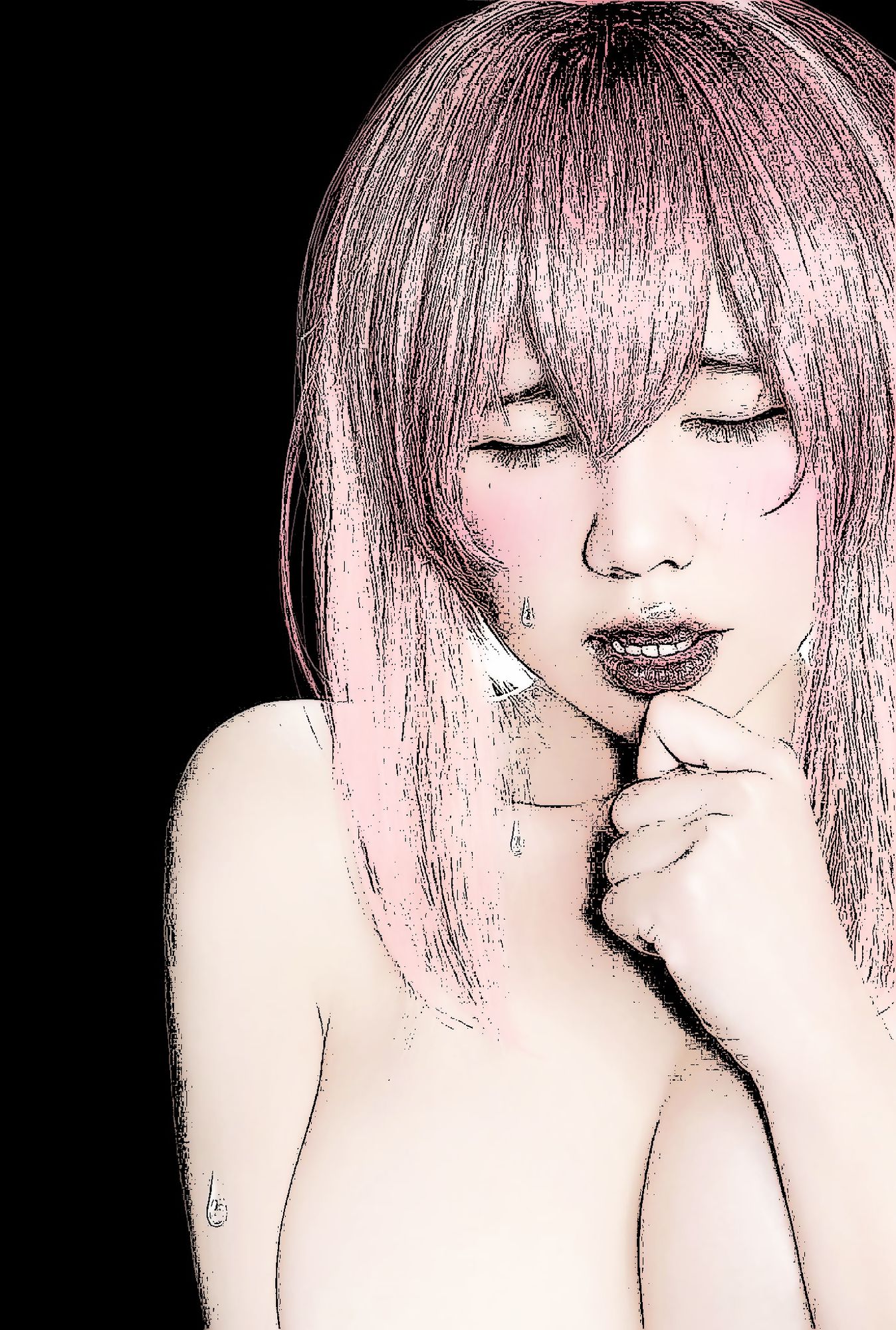 Japanese girl expressive face, pink lipstick