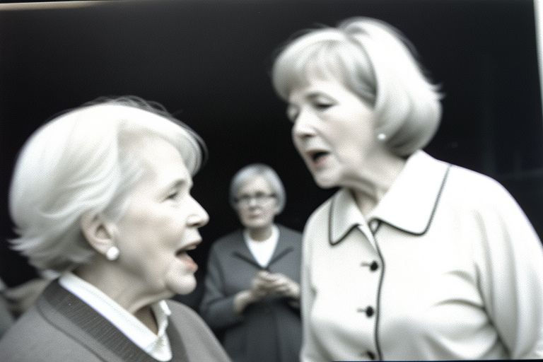 Old women, british, having discussion outside with one looking on, in 1980s dress