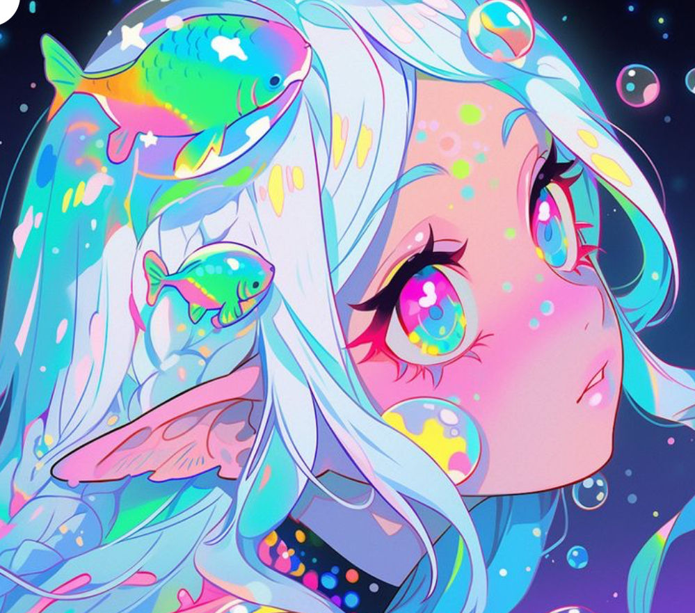 Cute girl with flowing white hair and rainbow elements floating around her. Eyes rainbow. All colours blend and are slightly pastel