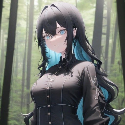 dark anime girl with blue hairs in library, AI Generated 23006684