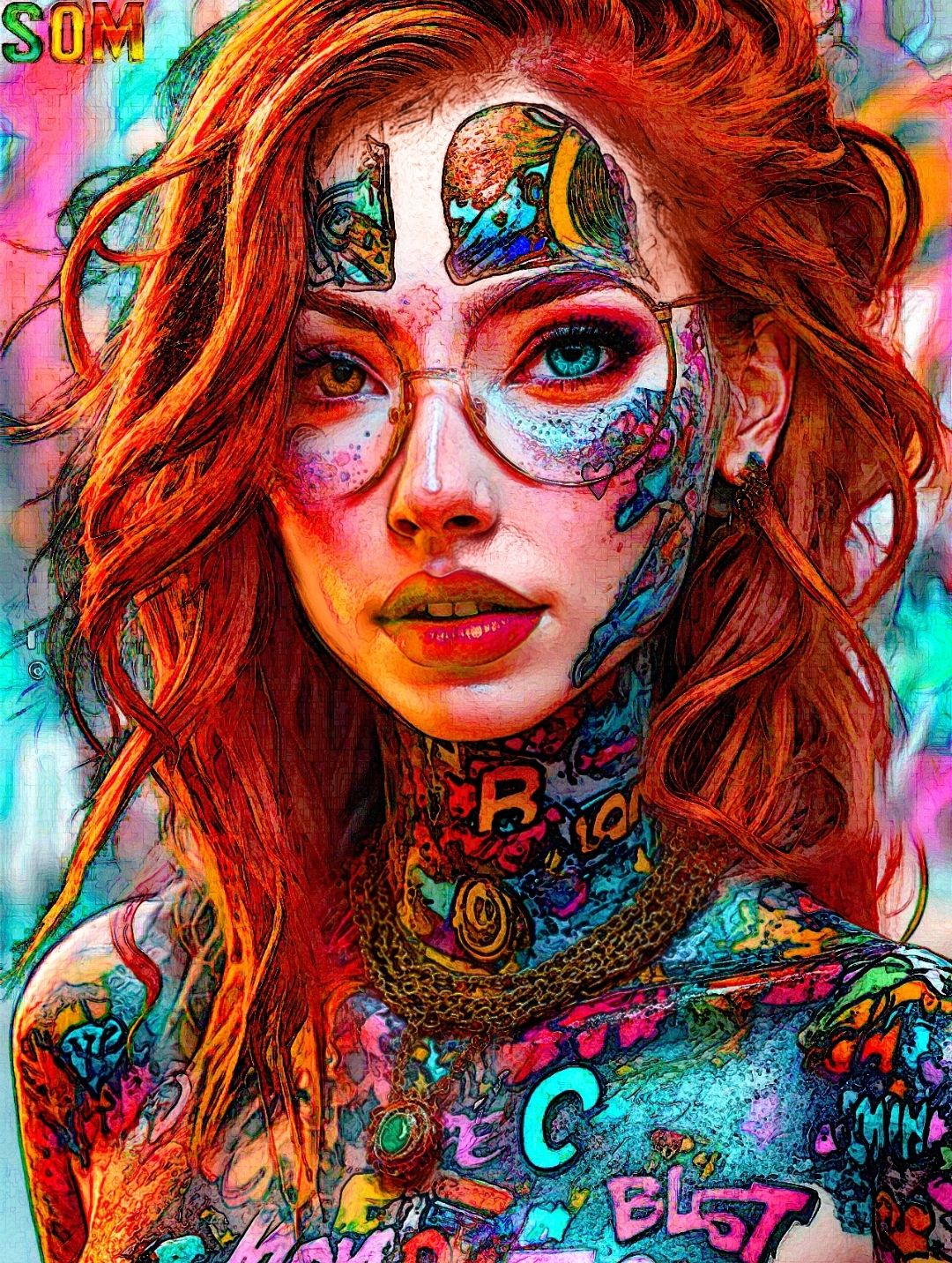 A very beautiful woman with long, thick orange hair and street graffiti tattoos all over her incredible body. Her clothes are very stylish....