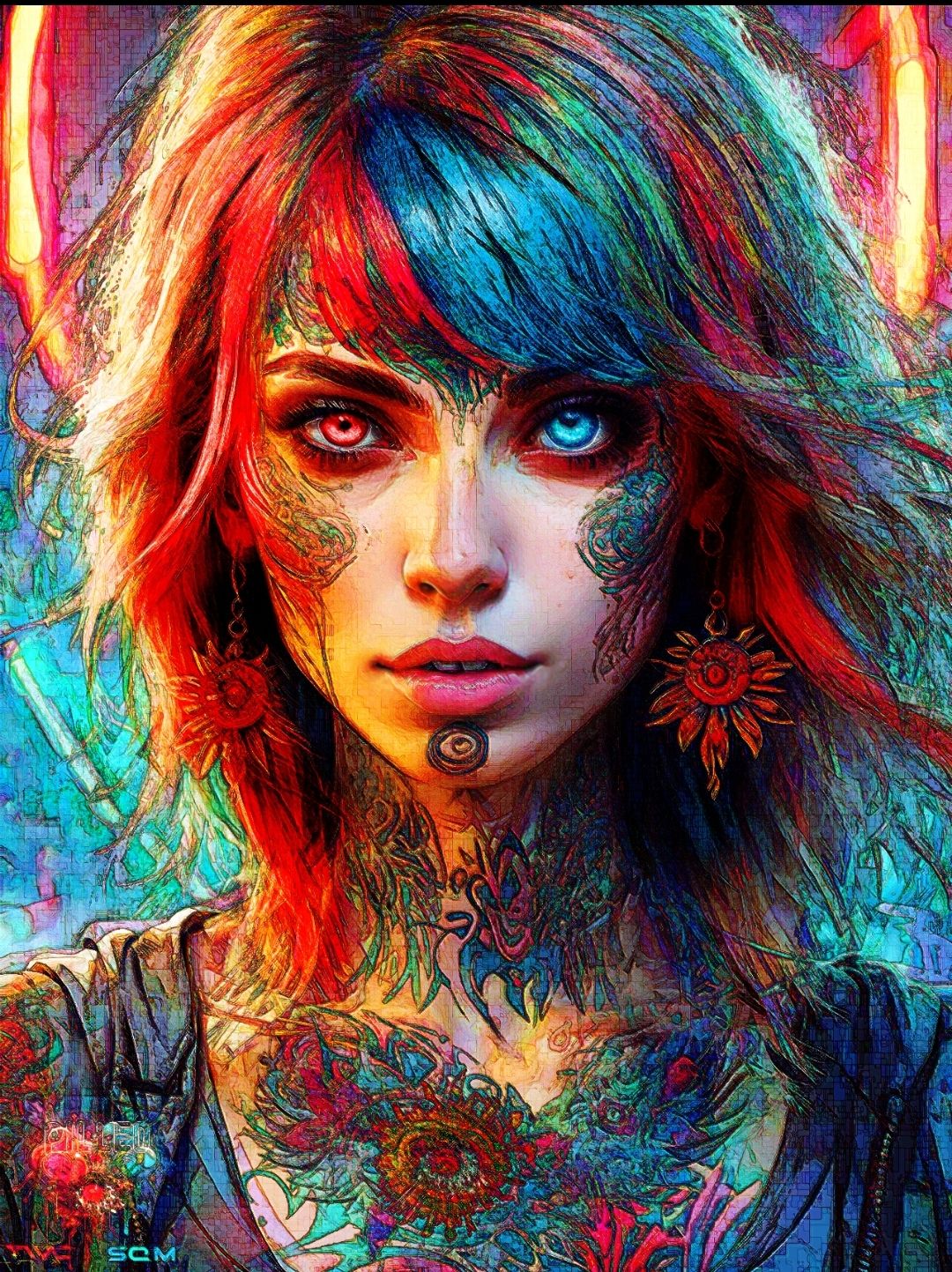 A very beautiful woman with split red & blue eyes and hair. She has tattoos moving all around her body and face.