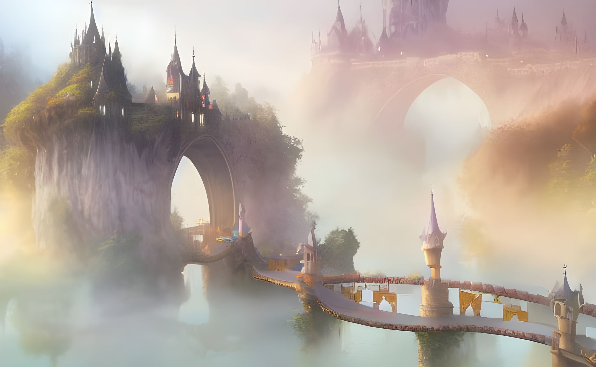 <lora:Crinkled Metallics:1.0> <lora:Neurographic Flux:1.0> <lora:ImpressionistMusings:1.0> A floating castle and villages on an arch bridge....