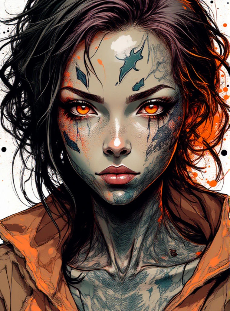 A woman whose face is covered in graffiti street tattoos. She is very beautiful but is also very evil in her glare. Her hair is black and ha...