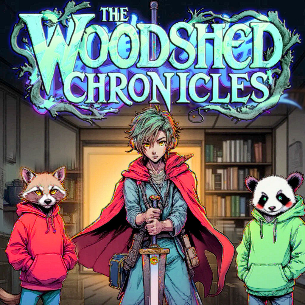 In a softly lit, cozy room bathed in warm hues, a glowing red raccoon warrior holding two swords in a red hoodie stands on the right, its ey...