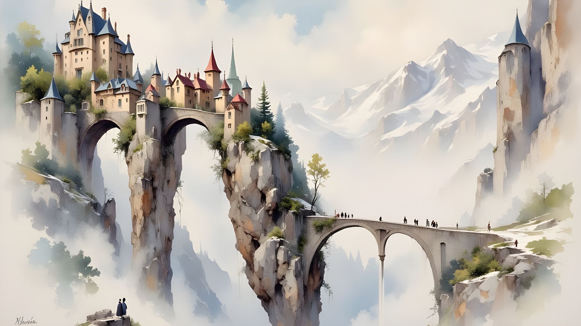 <lora:Crinkled Metallics:1.0> <lora:Neurographic Flux:1.0> <lora:ImpressionistMusings:1.0> A floating castle and villages on an arch bridge....