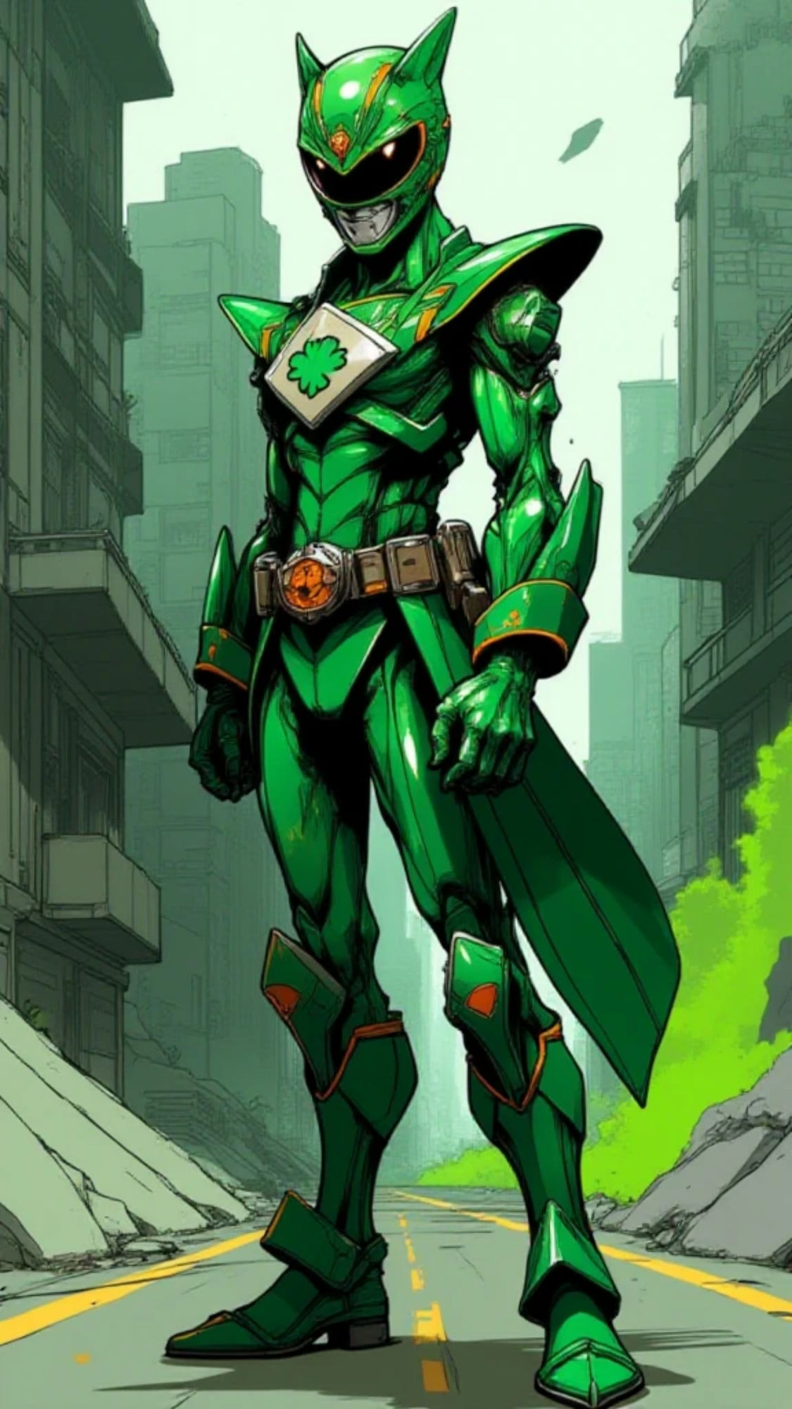 In a vibrant, neon-lit cityscape, five anime-styled Shamrock Green Mighty Morphin Power Ranger standing, his colorful spandex suit glowing w...