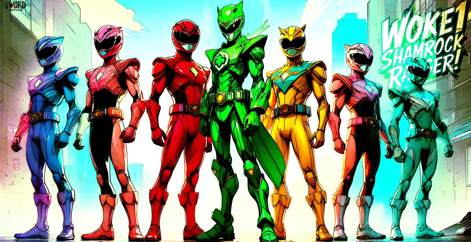 "In a vibrant, neon-lit cityscape, five anime-styled Shamrock Green Mighty Morphin Power Ranger standing, his colorful spandex suit glowing ...
