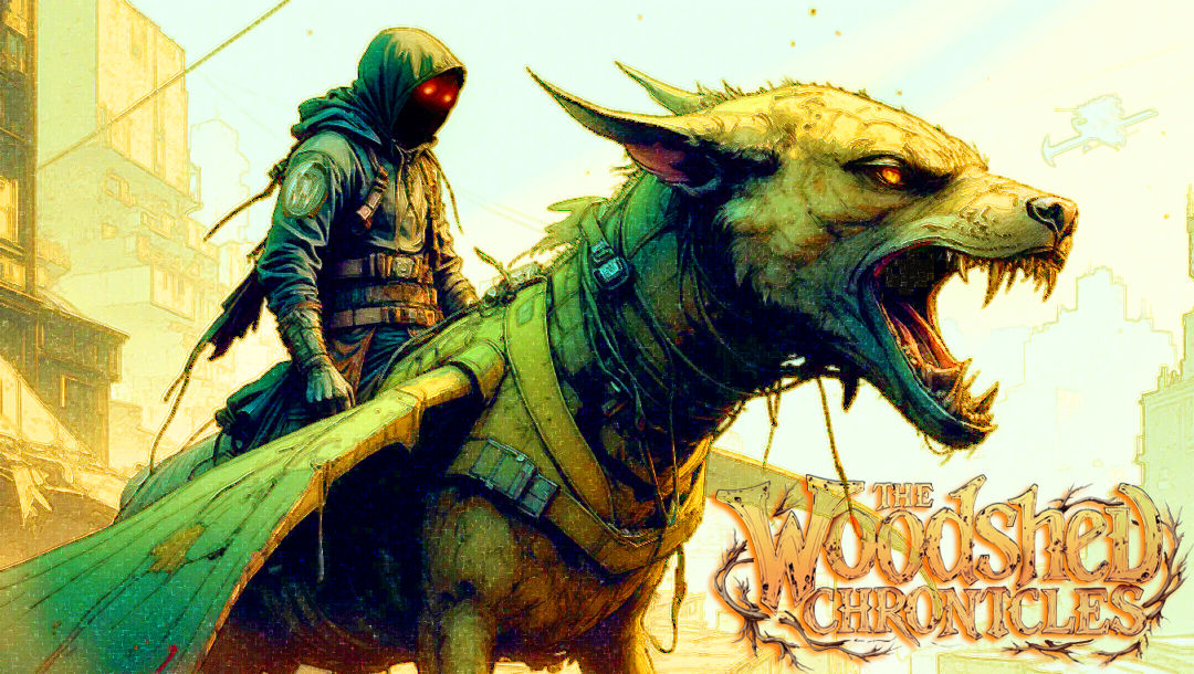 A hooded warrior with no face and red eyes sitting on the back of a giant roaring squirrel. In the style of chill-hop,  lofi and final fanta...
