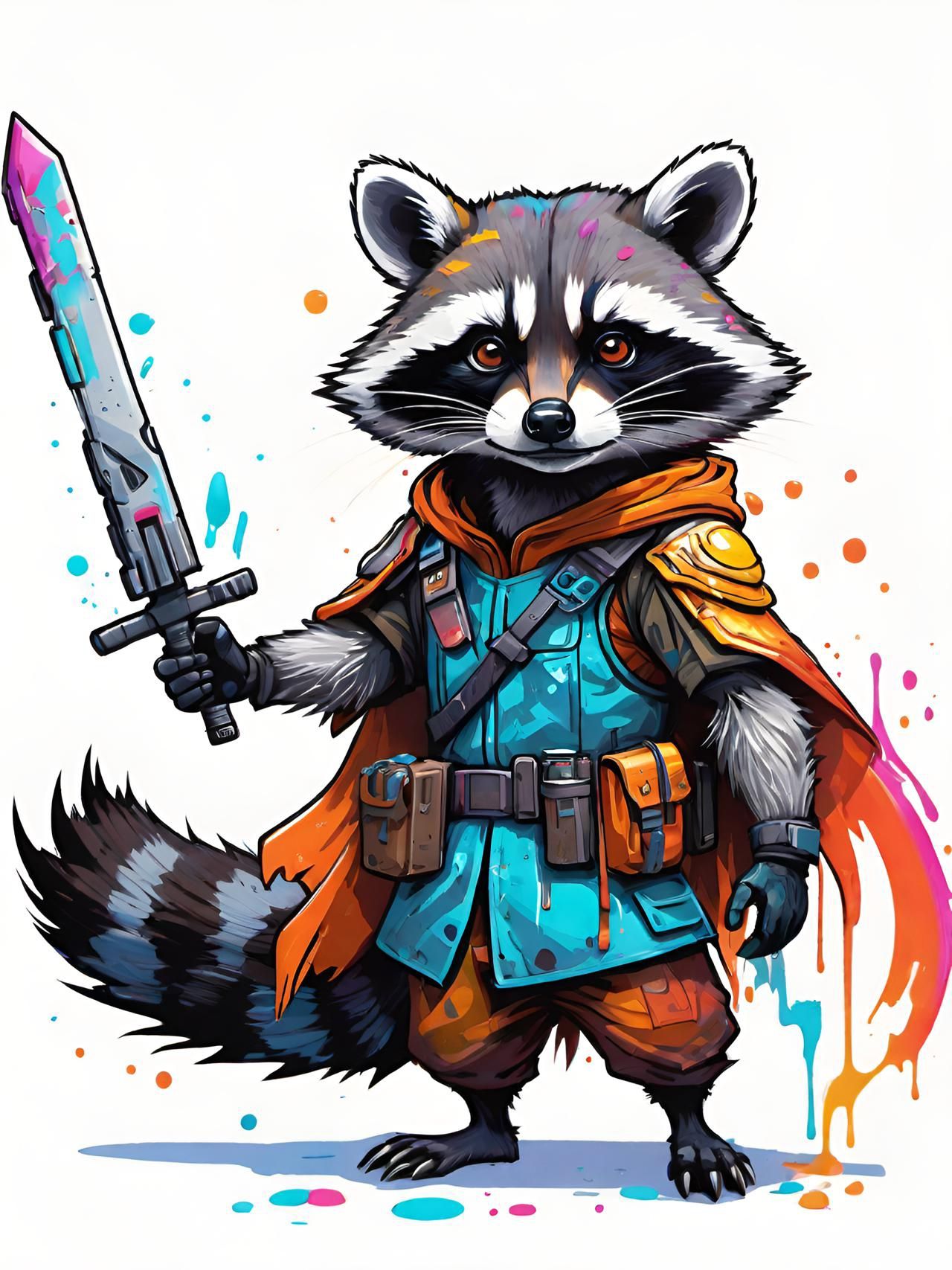 A chillhop Raccoon warrior! In the style of lofi, chillhop & final fantasy. Hyperdetailed. Production character Artwork.