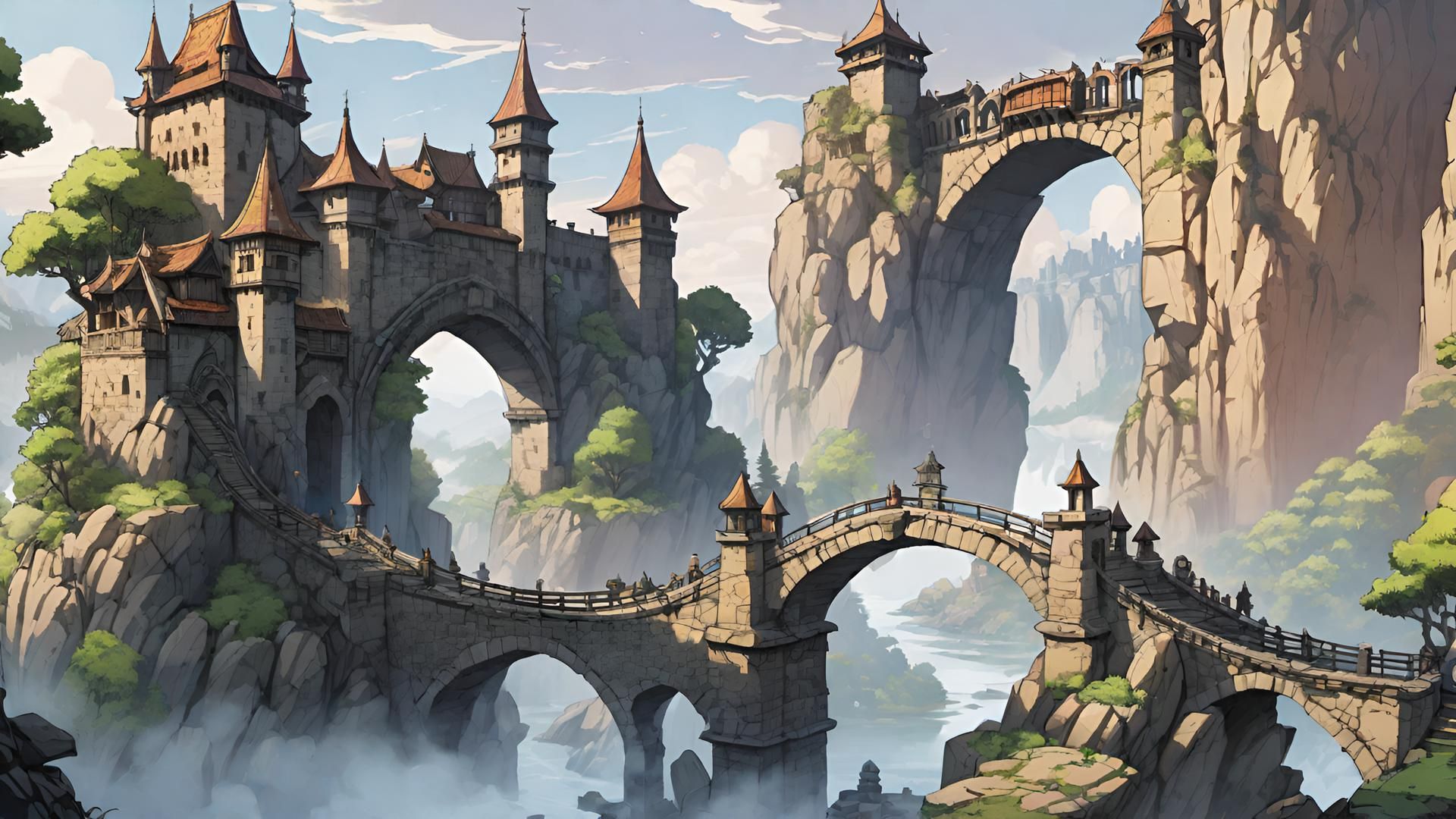 A floating castle and villages on an arch bridge. Surrounded by rocks, trees and water. <lora:DWC Flux:1.0> <lora:ImpressionistMusings:1.0> ...