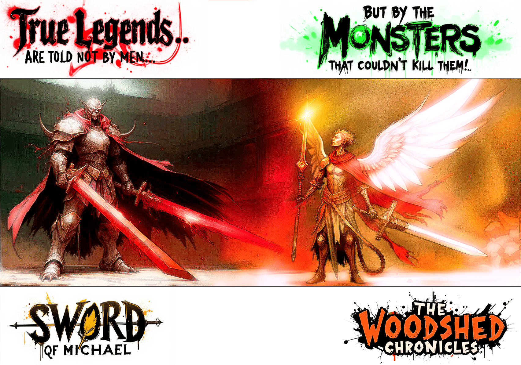 On the right, A hero/angel swordsman carrying a giant yellow glowing cross sword. He is looking towards a giant monster golding two red swor...
