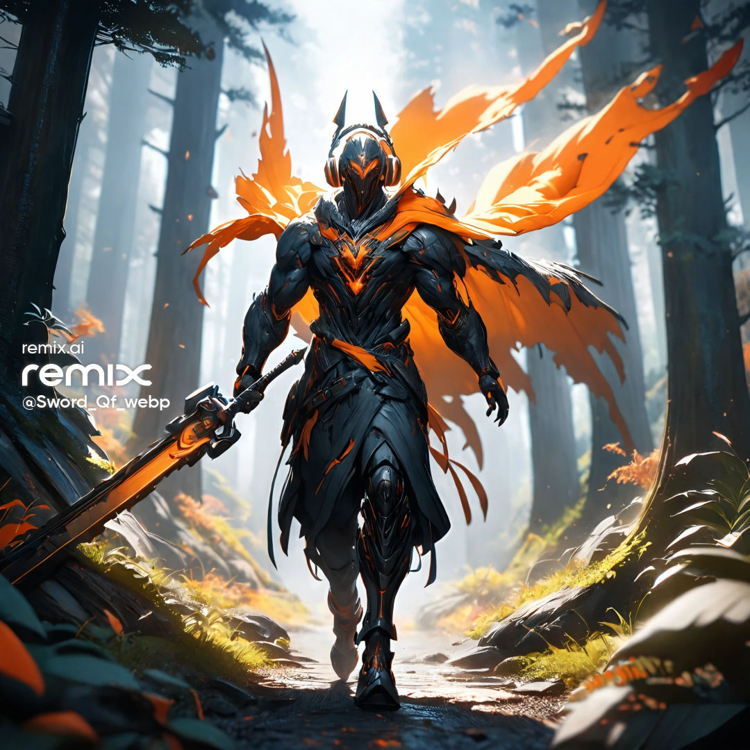 A Dark Warrior standing wearing headphones and an orange cape. He is holding a sword high up into the air in a forest. Hyperdetailed, Neon O...