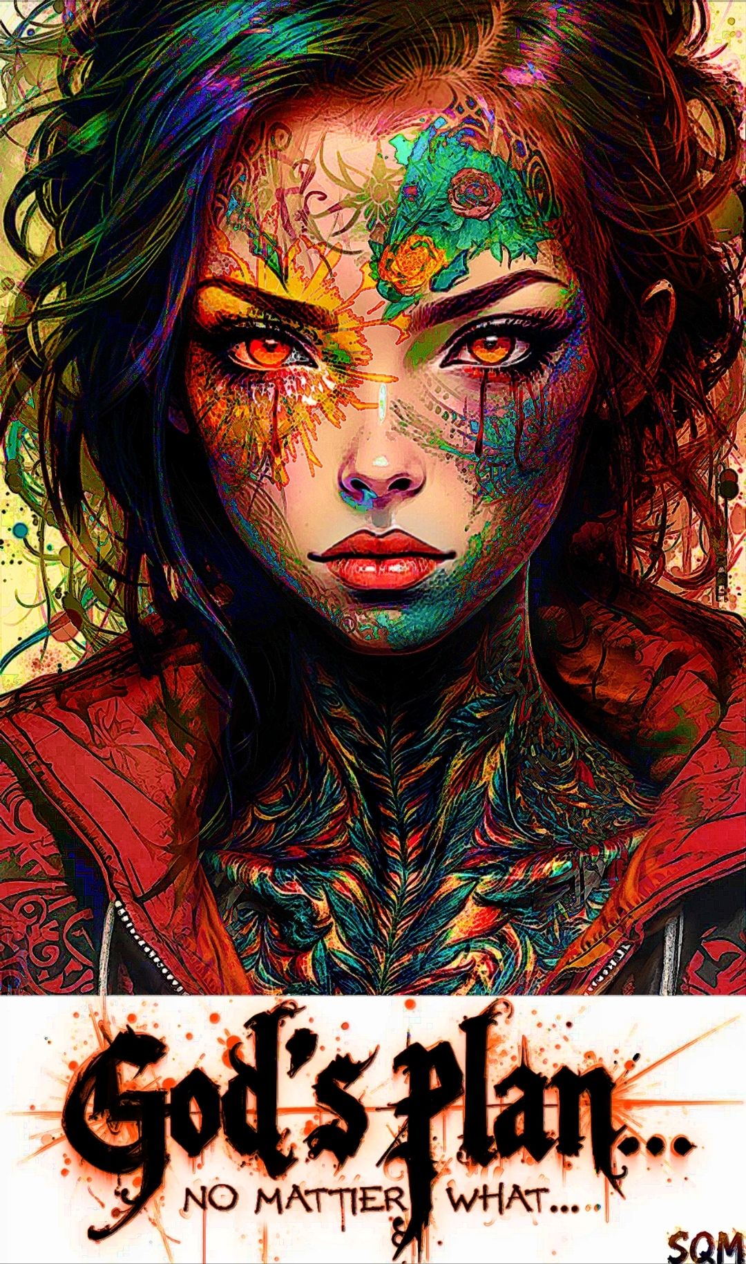 A woman whose face is covered in graffiti street tattoos. She is very beautiful but is also very evil in her glare. Her hair is black and ha...