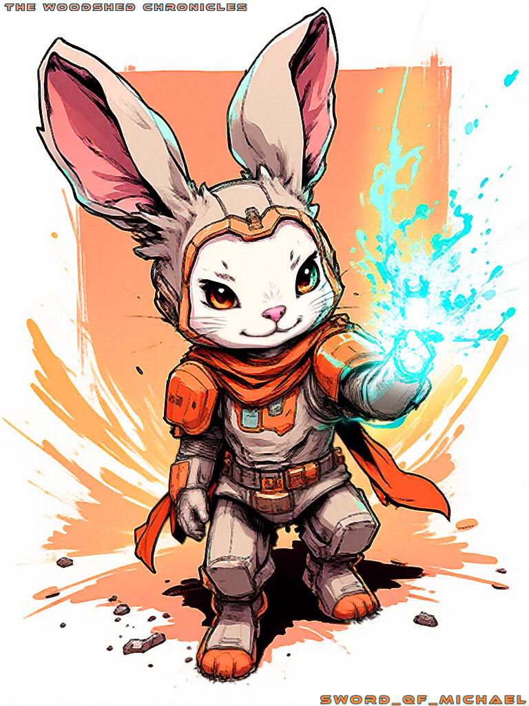 a very cute rabbit warrior with glowing blue energy shooting out of its hand. it's ears & cape blowing in the wind. Hyperdetailed.
