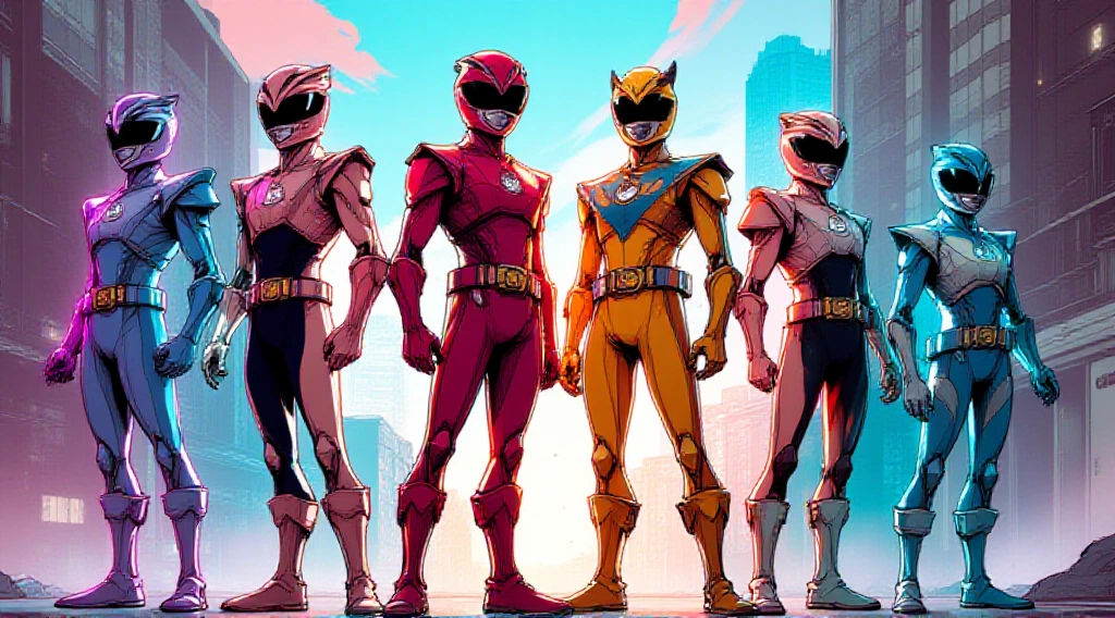 In a vibrant, neon-lit cityscape, five anime-styled Mighty Morphin Power Rangers stand together, their colorful spandex suits glowing with a...