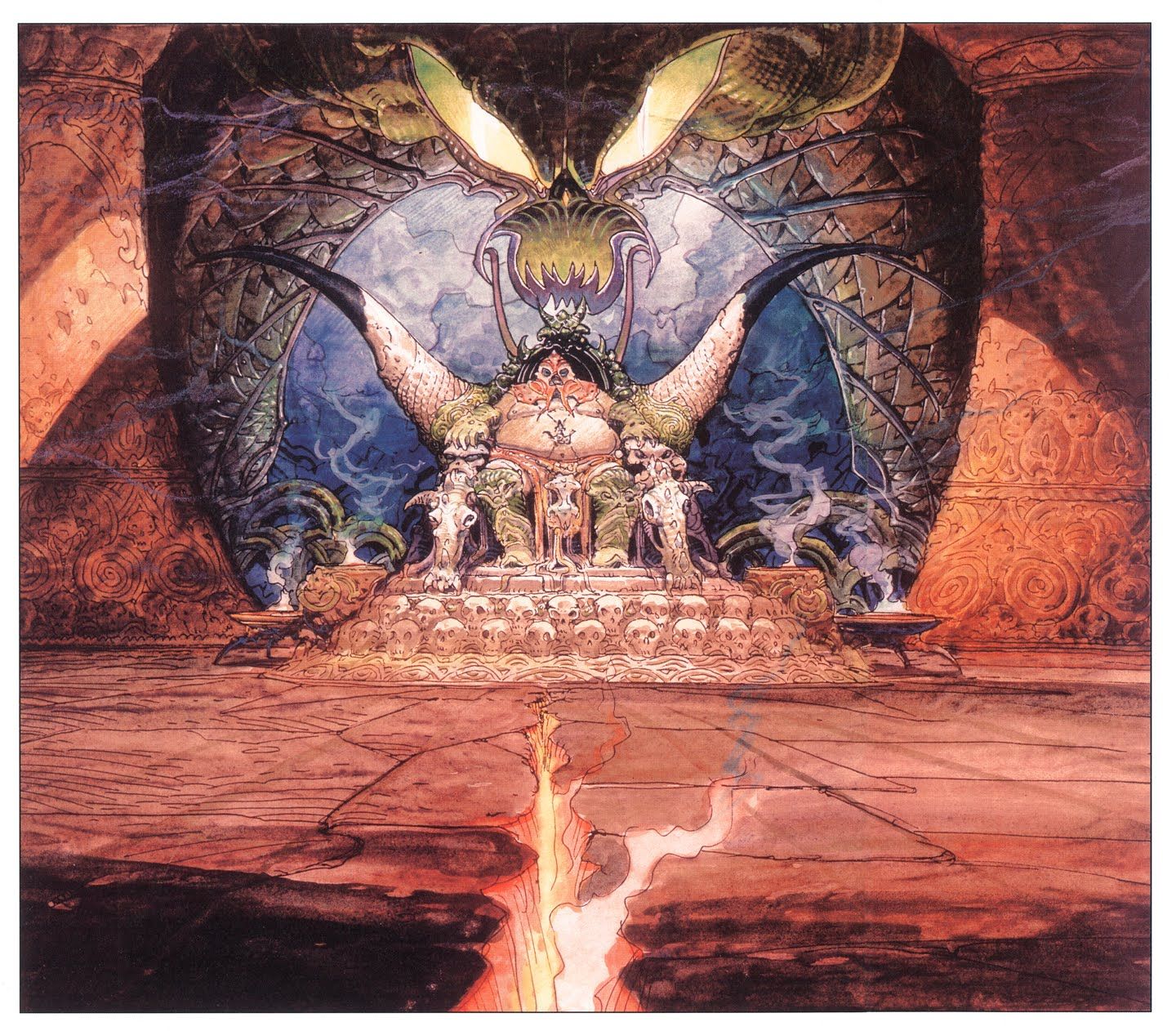A vivid, 80s, throne room, in the style of yoshitaka amano, brom, and moebius; incense