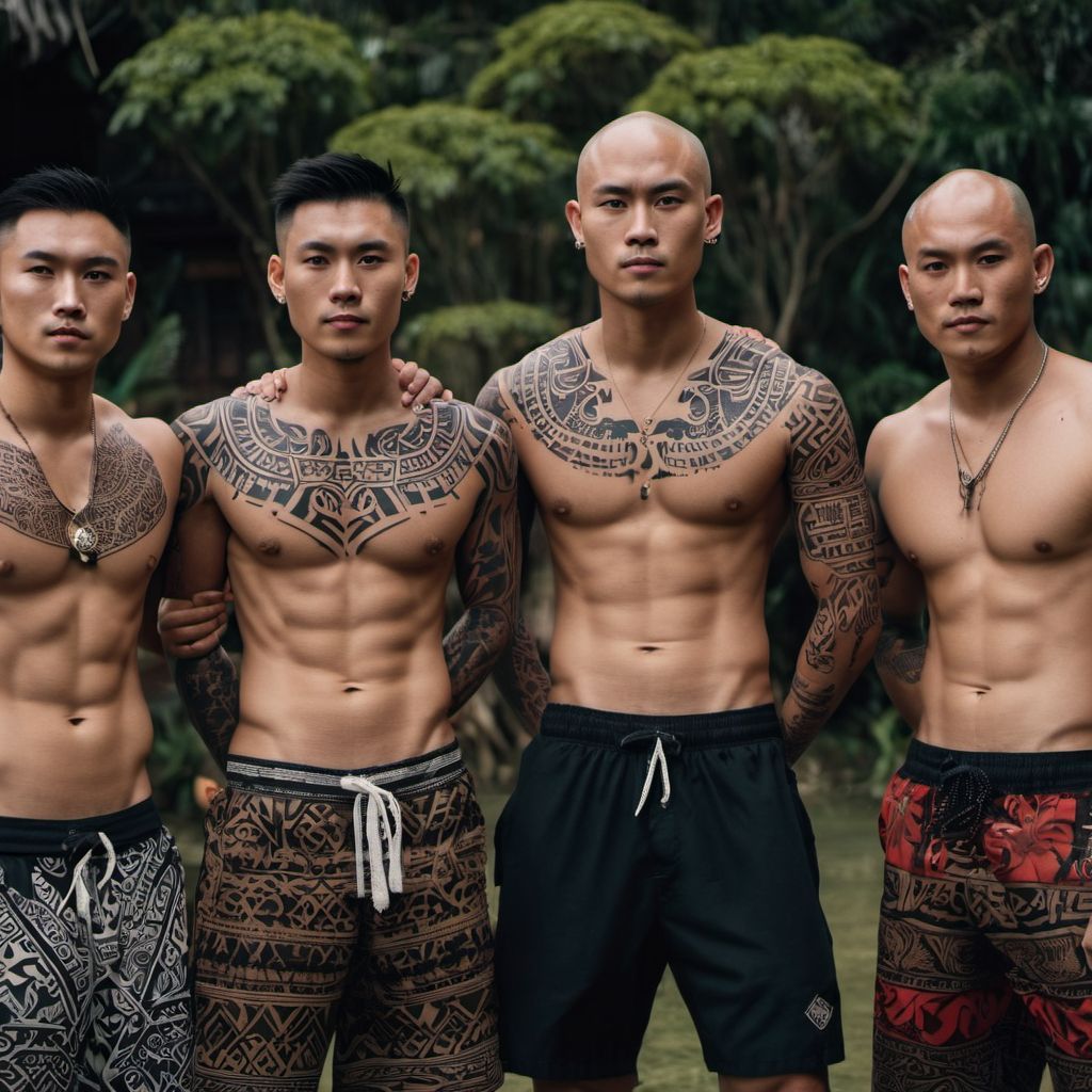 3 young Chinese guys, six-pack bodies, bald, maori tattoos cyberpunk 2099 blade runner 2049 neon