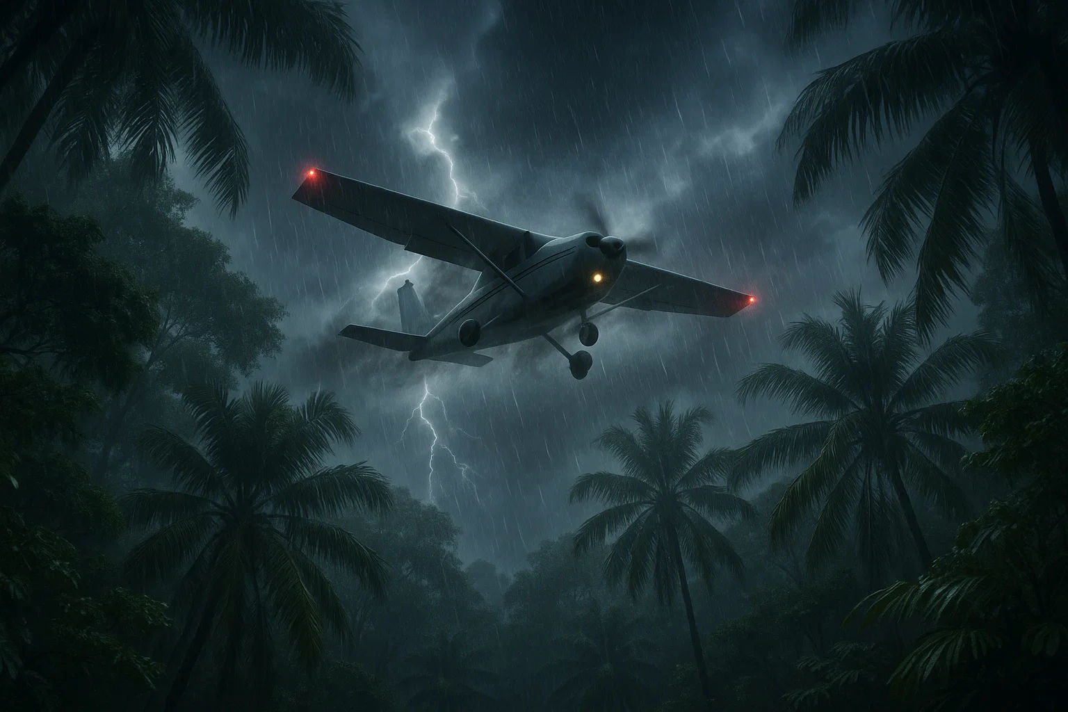 A Cessna 172 Skyhawk plane with light smoke from propeller in heavy storm view from jungle 