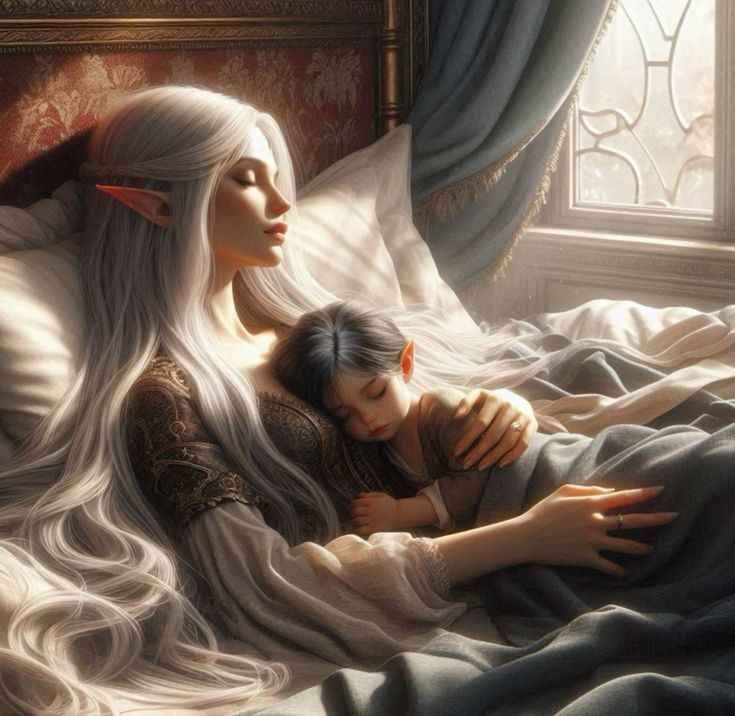 young female Elf with silver hair sleeping in bed next to window with a baby Elf with black and white hair