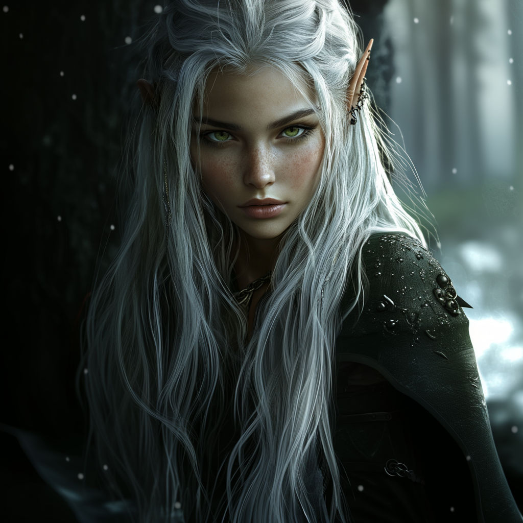 young beautiful wood elf with silver hair, green eyes, ultra sharp, realistic image