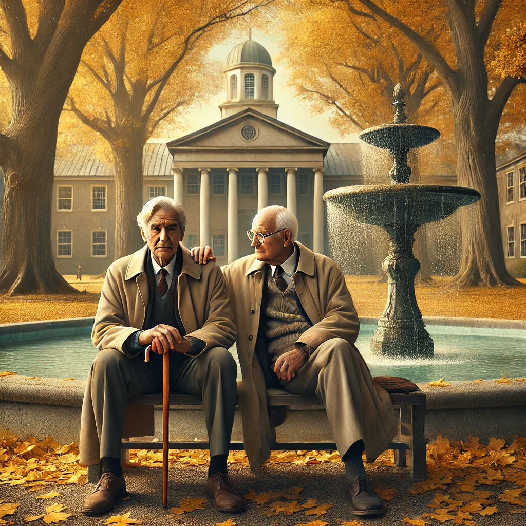 photo-realistic elderly gay couple sitting in front of a fountain.