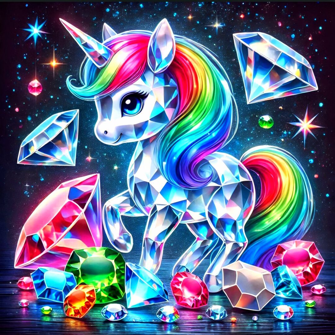 A rainbow glass unicorn sprints through a field of diamonds during a lightning storm. The diamonds sparkle and reflect the vibrant colors of...
