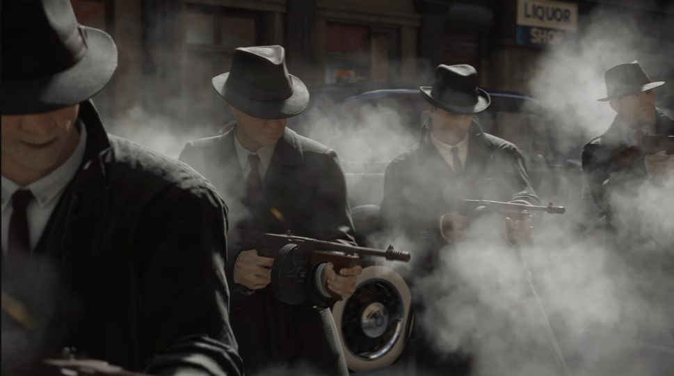 Create a high-intensity, nighttime shootout scene in a gothic style between two groups of skeletons: 1920s mafia-style mobsters and old West...