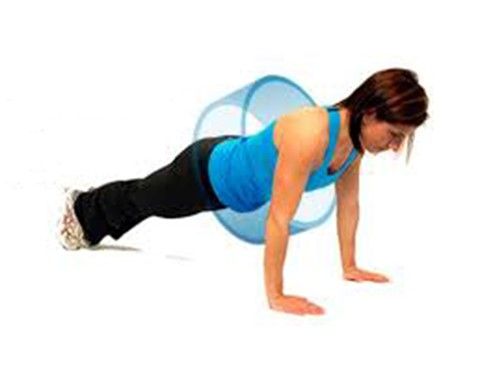 create a picture of a lady, in high resolution, doing a plank exercise in straight body on the floor and use a 3D semi-transparent blue colo...