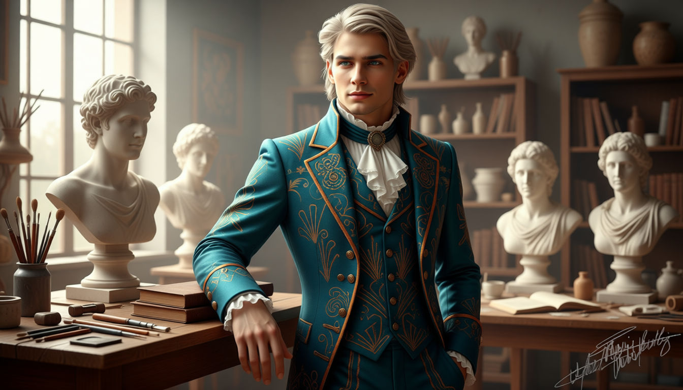 This romantic character wears a lord futuristic cyberpunk titanium blue and seafoam green Victorian steampunk art deco outfit with burnt ora...