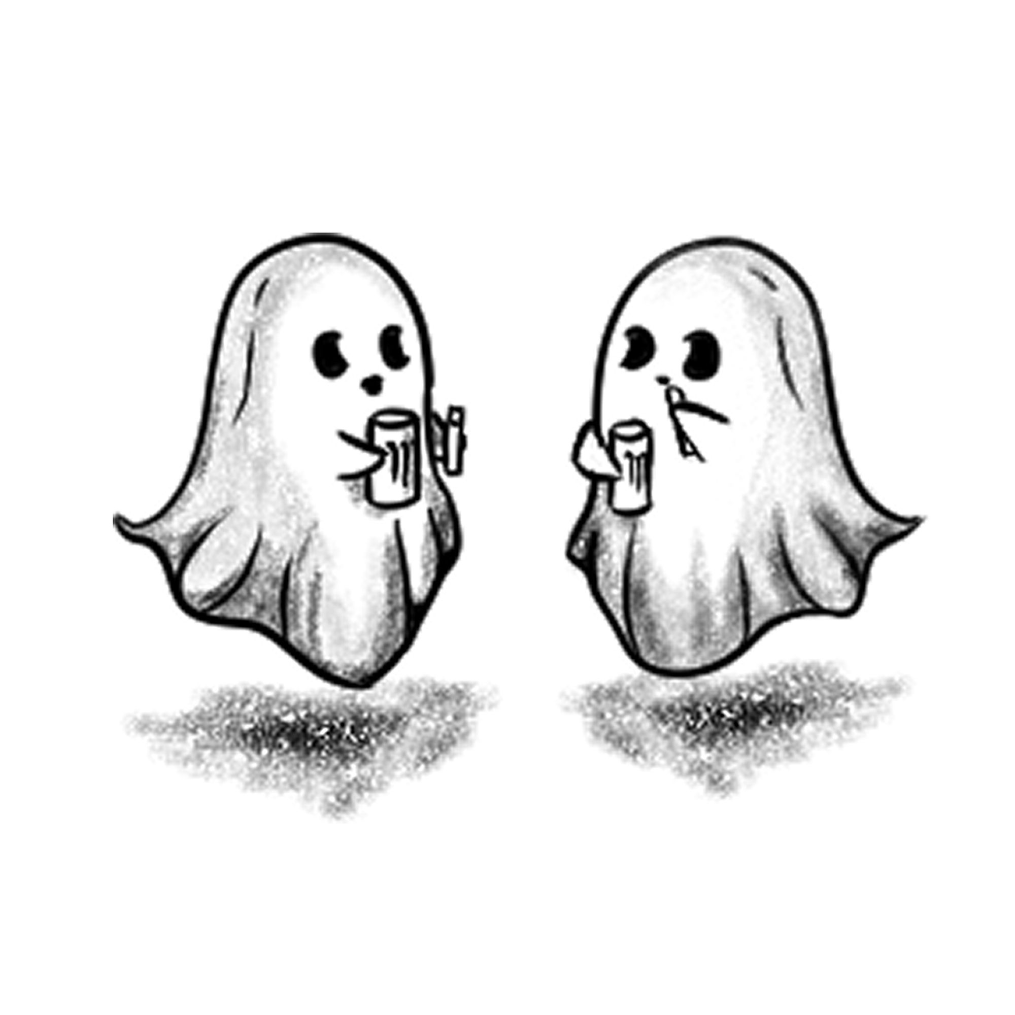 Two Ghost looking at each other both are holding a Monster Energy and a Veev Vape make it line art the left one is drinking the energy and t...